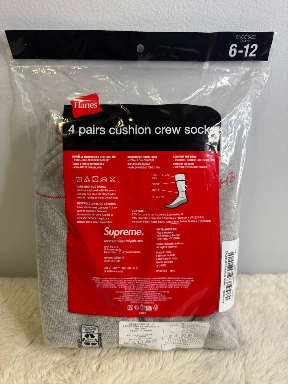 Supreme Hanes Gray Crew Socks with Red Logo - 4 Pack
